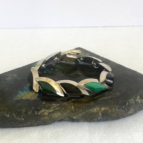 VTG 950 Silver Heavy Taxco Mexico Modernist Style Malachite Onyx Link Bracelet - Picture 2 of 16